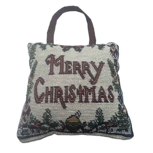 Merry Christmas Hanging Decorative Pillow Festive Tapestry With Handle Burgundy - Picture 7 of 7